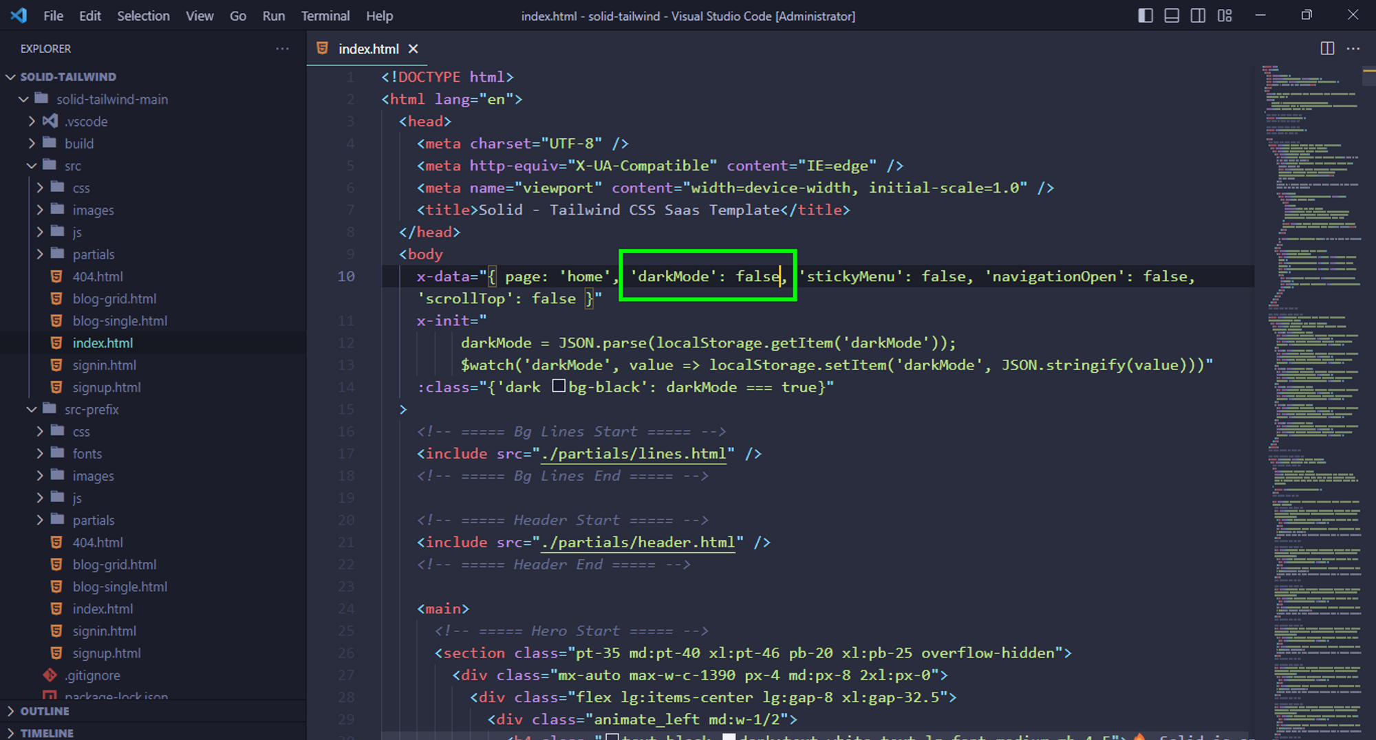 enable light mode in alpinejs